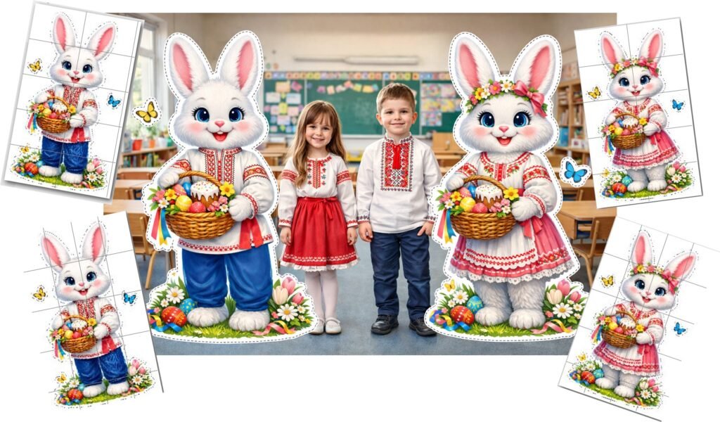 Головне зображення розробки: 🐰 Великодня фотозона для школи або садочка 🐣 Ростова фігура: пасхальні зайці (хлопчик і дівчинка)