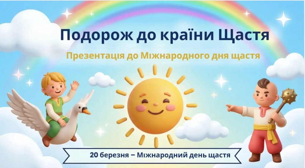 Головне зображення розробки: 20 березня – Міжнародний день щастя ПРЕЗЕНТАЦІЯ “Подорож до країни Щастя” + ПОДАРУНКИ!!!! (5-6 років та 1 – 4 класи)