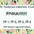 КПР. Українська література. 8 клас. РІЧНА!!!!!! ГР 1, ГР 2, ГР 3, ГР 4 (МНП Яценко; ПІДРУЧНИК ЯЦЕНКО)