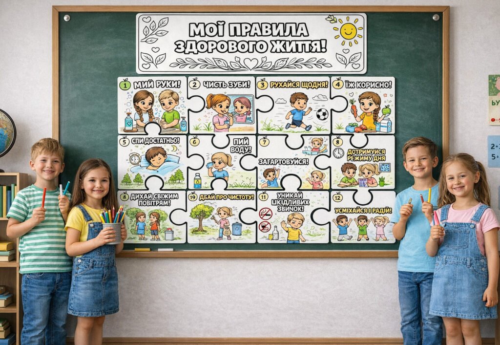 Головне зображення розробки: 7 квітня – Всесвітній день здоров’я. Колективна робота. Тематичні пазли-розмальовки “Мої правила здорового життя”.
