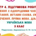 ГР 4. Підсумкова робота №8. Речення з однорідними членами. Звертання. Вставні слова. Складне речення. Пряма мова. Діалог. 5 клас (Авраменко О. М.)