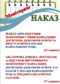 РЕЗУЛЬТАТИ та ПІДСУМОК ВНУТРІШНЬОГО МОНІТОРИНГУ НАВЧАЛЬНИХ ДОСЯГНЕНЬ ЗДОБУВАЧІВ ОСВІТИ 1-11 КЛАСІВ У 2025-2026 НАВЧАЛЬНОМУ РОЦІ ЗА ПРЕДМЕТАМИ ГАЛУЗЕЙ