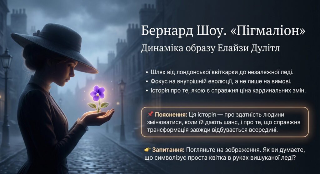 Головне зображення розробки: Презентація: Динаміка образу Елайзи Дулітл у творі Бернарда Шоу «Пігмаліон» (9 клас, НУШ)