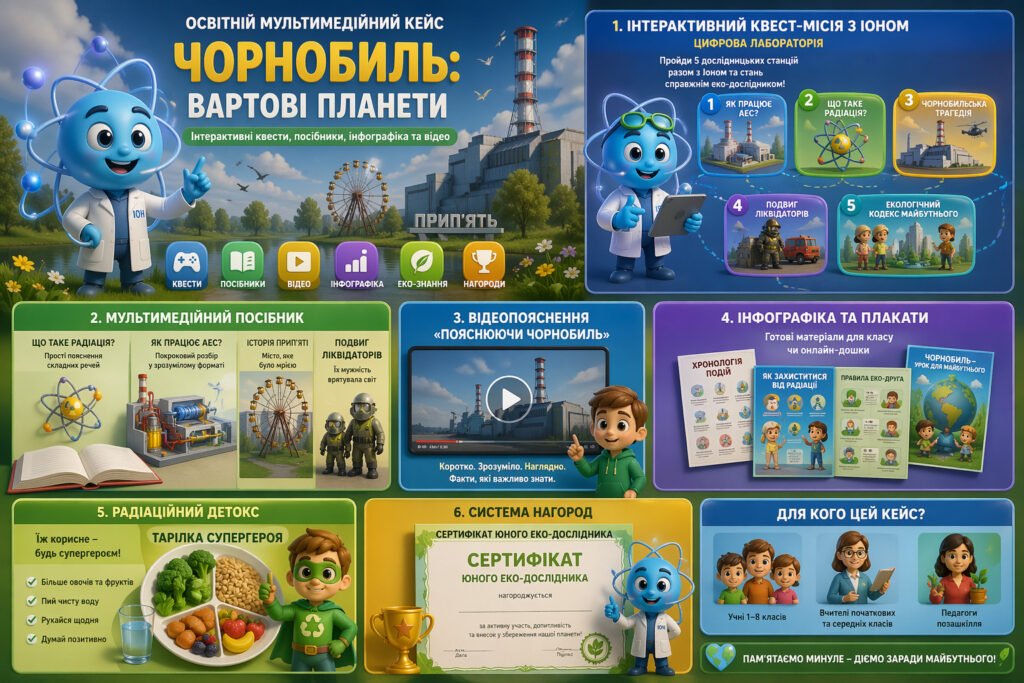 Головне зображення розробки: Освітній мультимедійний кейс «Чорнобиль: Вартові Планети» (Інтерактивні квести, посібники, інфографіка та відео)
