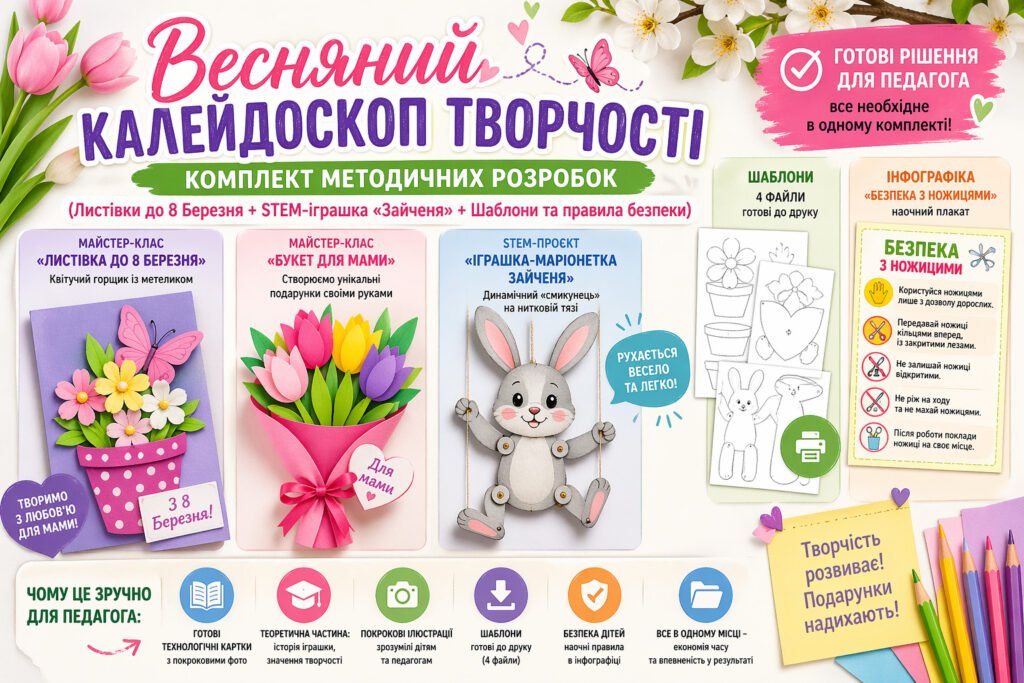 Головне зображення розробки: Весняний калейдоскоп творчості: комплект методичних розробок (Листівки до 8 Березня + STEM-іграшка «Зайченя» + Шаблони та правила безпеки)