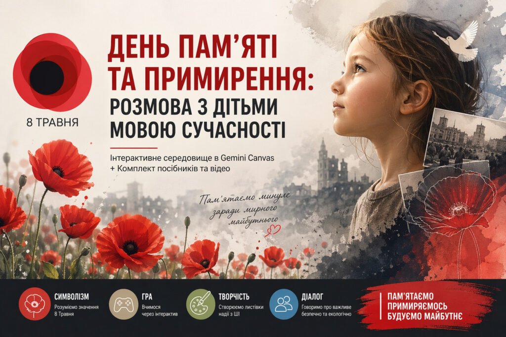 Головне зображення розробки: День пам’яті та примирення: Розмова з дітьми мовою сучасності. Інтерактивне середовище в Gemini Canvas (+ Комплект посібників та відео)
