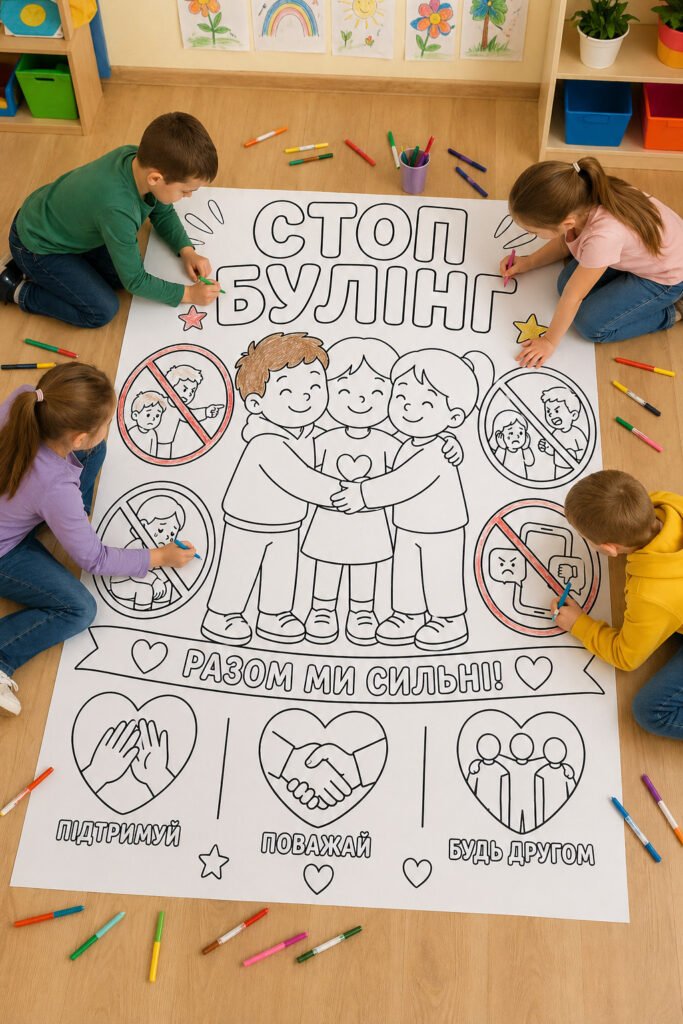Головне зображення розробки: 🎨 Велика розмальовка «Стоп булінг» 💙 на 1, 4, 9, 16, 25 аркушів