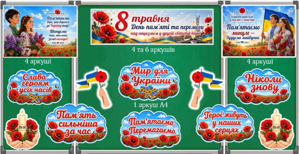 Головне зображення розробки: Оформлення дошки + колективна робота до 8 травня – Дня пам’яті та перемоги над нацизмом у Другій світовій війні.