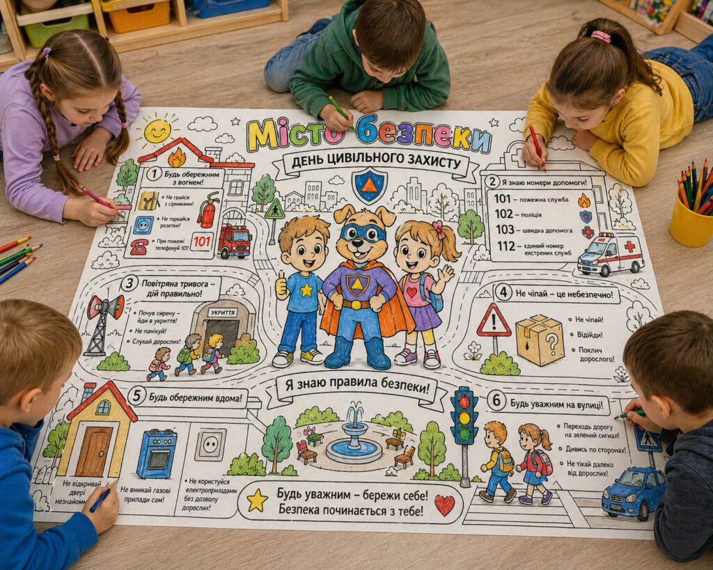 Головне зображення розробки: Мега розмальовка до Дня цивільного захисту “Місто безпеки” (1, 2, 4, 9, 16 аркушів).