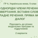 ГР 4. Підсумкова робота. 5 кл. Укр.мова. “Однорідні ЧР, звертання, вставні слова, складне реч., пряма мова, діалог” 2 варіанти