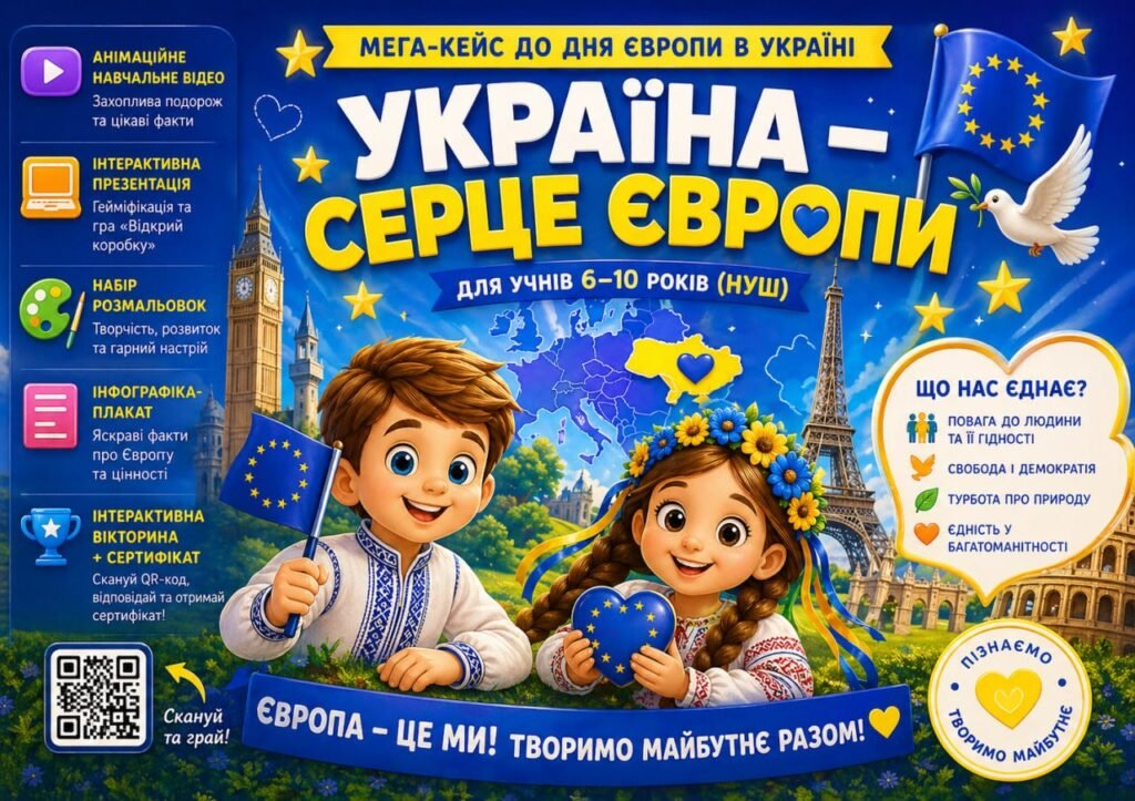 Головне зображення розробки: Мега-кейс до Дня Європи в Україні: “Україна – серце Європи” (для НУШ, 6-10 років)