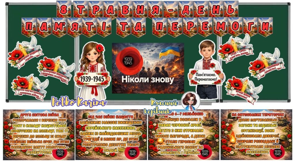 Головне зображення розробки: Оформлення дошки 8 травня – День пам’яті та перемоги над нацизмом у Другій світовій війні 1939–1945 років