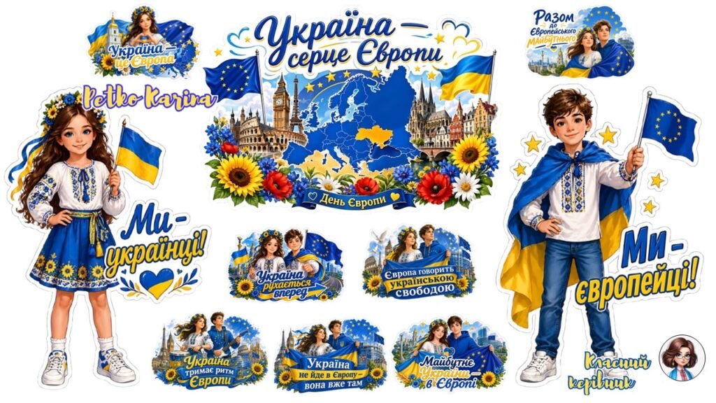 Головне зображення розробки: ✨ СТИЛЬНЕ ОФОРМЛЕННЯ ДО ДНЯ ЄВРОПИ. Ростові фігури, великий стікер + 14 топерів