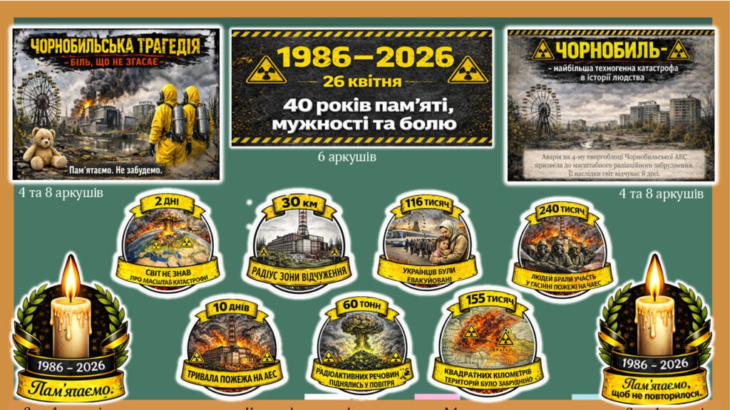 Головне зображення розробки: Оформлення дошки до 40-х роковин Чорнобильської трагедії. День пам’яті Чорнобильської трагедії (26 квітня)