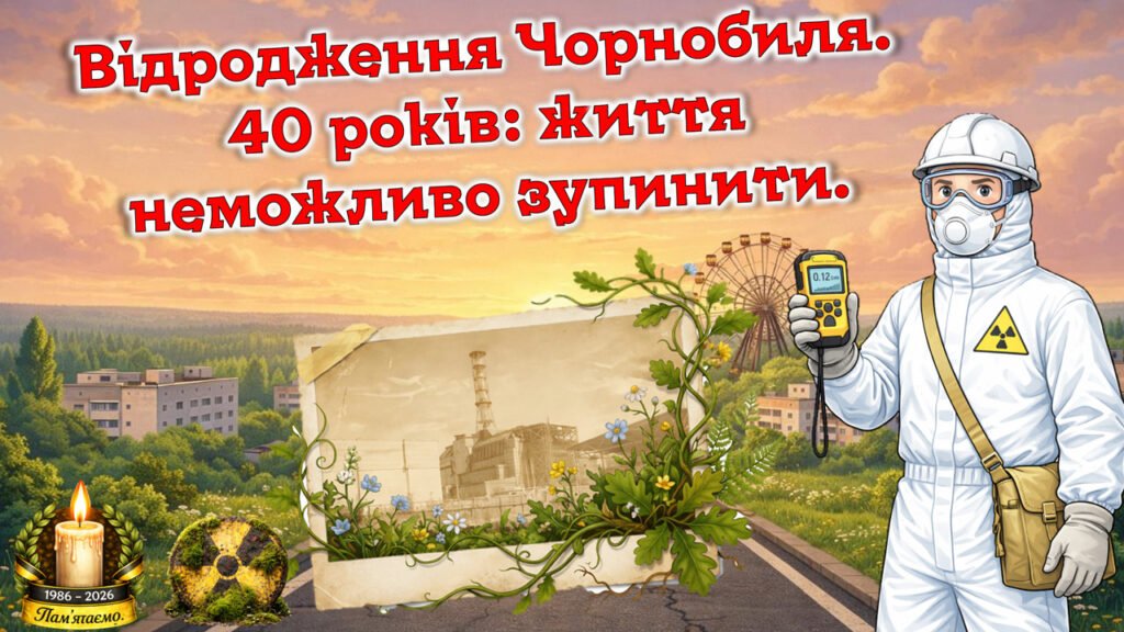 Головне зображення розробки: Анімована презентація до 40-х роковин Чорнобильської трагедії “Відродження Чорнобиля. 40 років: життя неможливо зупинити”.