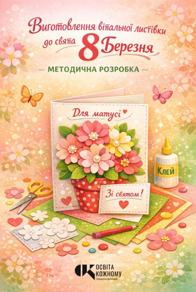 Головне зображення розробки: Свято весни та матусі: виготовлення вітальної листівки до 8 Березня (Методична розробка + шаблони для друку + пам’ятка з безпеки)