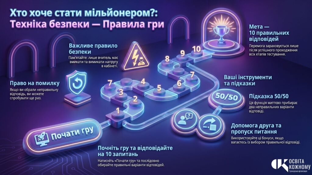 Головне зображення розробки: Хто хоче стати мільйонером?: Техніка безпеки в комп’ютерному кабінеті. Інтерактивний ігровий застосунок у Canva Code (+ Методичний кейс)