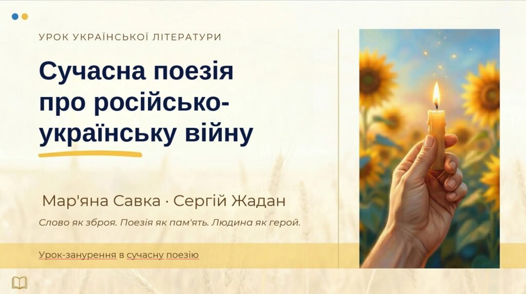 Головне зображення розробки: 8 клас. Українська література. “Сучасна поезія про російсько-українську війну. Мар’яна Савка. Сергій Жадан” ПРЕЗЕНТАЦІЯ (40 слайдів)