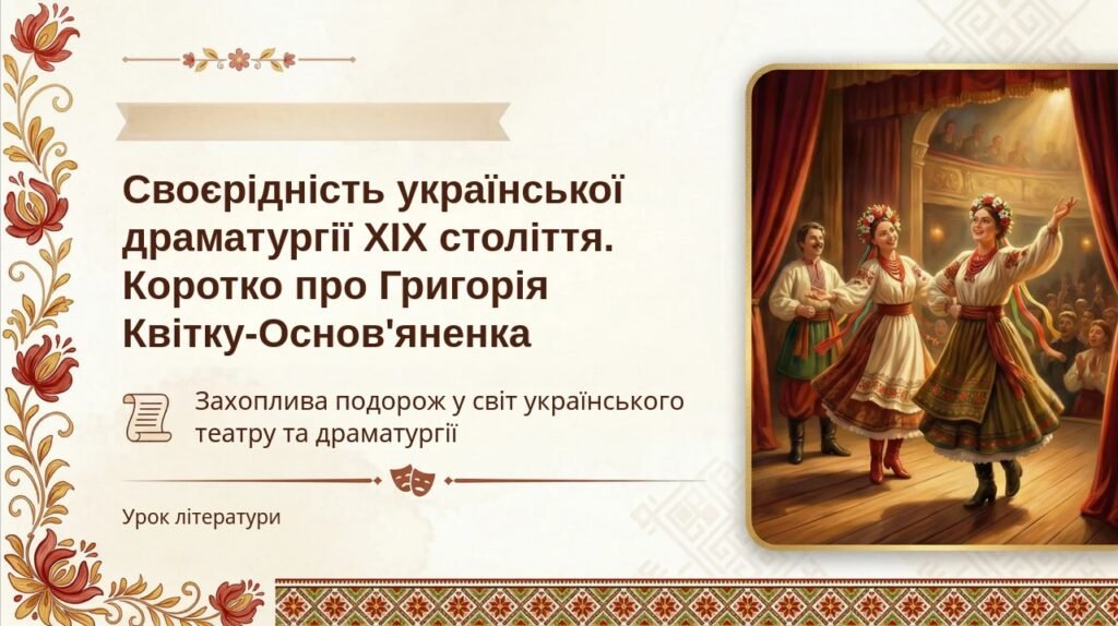 Головне зображення розробки: 8 клас. ПРЕЗЕНТАЦІЯ “”Своєрідність укр. драматургії ХІХ ст. Коротко про Григорія Квітку-Основ’яненка. Захоплива подорож у світ укр. драматургії та теа