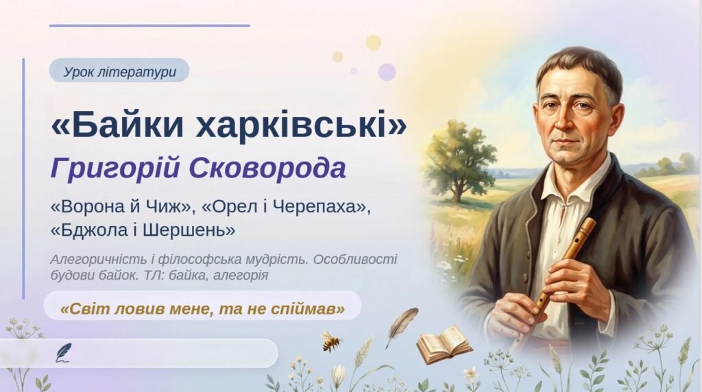 Головне зображення розробки: 8 клас. Українська література. ПРЕЗЕНТАЦІЯ на тему “Григорій Сковорода. Байки «Ворона й Чиж», «Орел і Черепаха», «Бджола і Шершень» (49 слайдів)