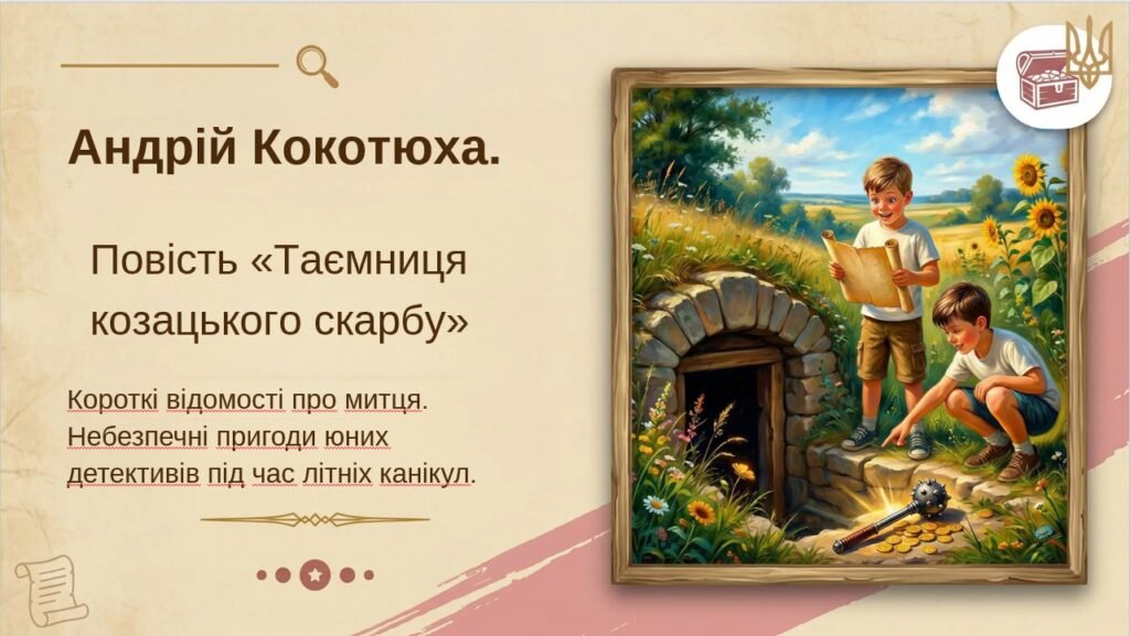 Головне зображення розробки: 8 клас. ПРЕЗЕНТАЦІЯ “А. Кокотюха”Таємниця козацького скарбу”. Коротко про митця. Небезпечні пригоди юних детективів під час літніх канікул