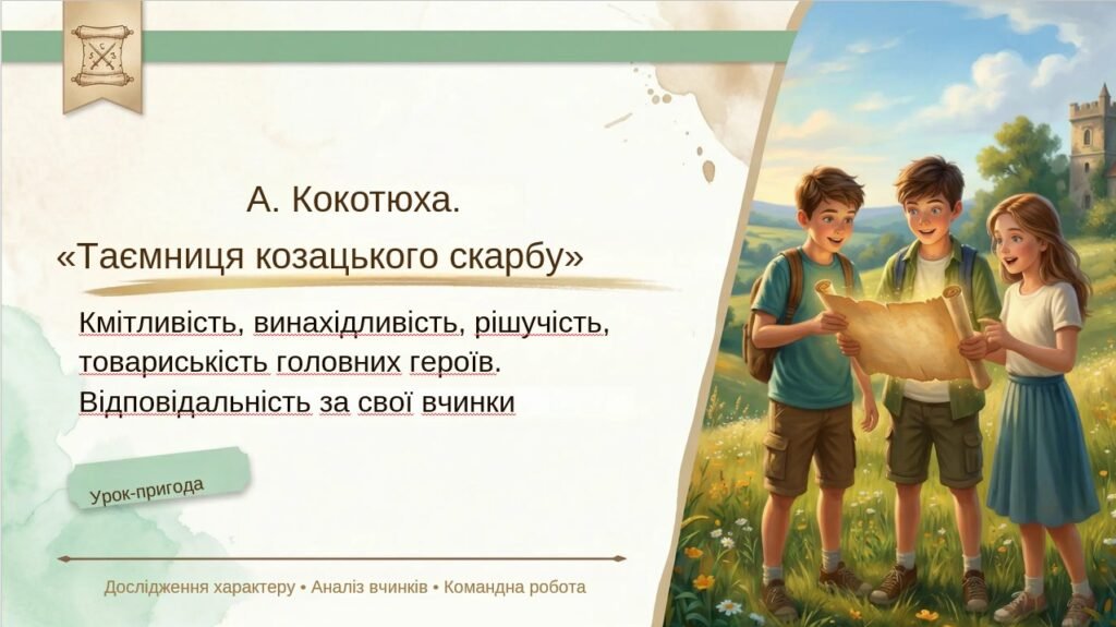 Головне зображення розробки: 8 клас. ПРЕЗЕНТАЦІЯ “А. Кокотюха. Повість “Таємниця козацького скарбу”. Кмітливість, винахідливість, рішучість, товариськість головних героїв. Відпові