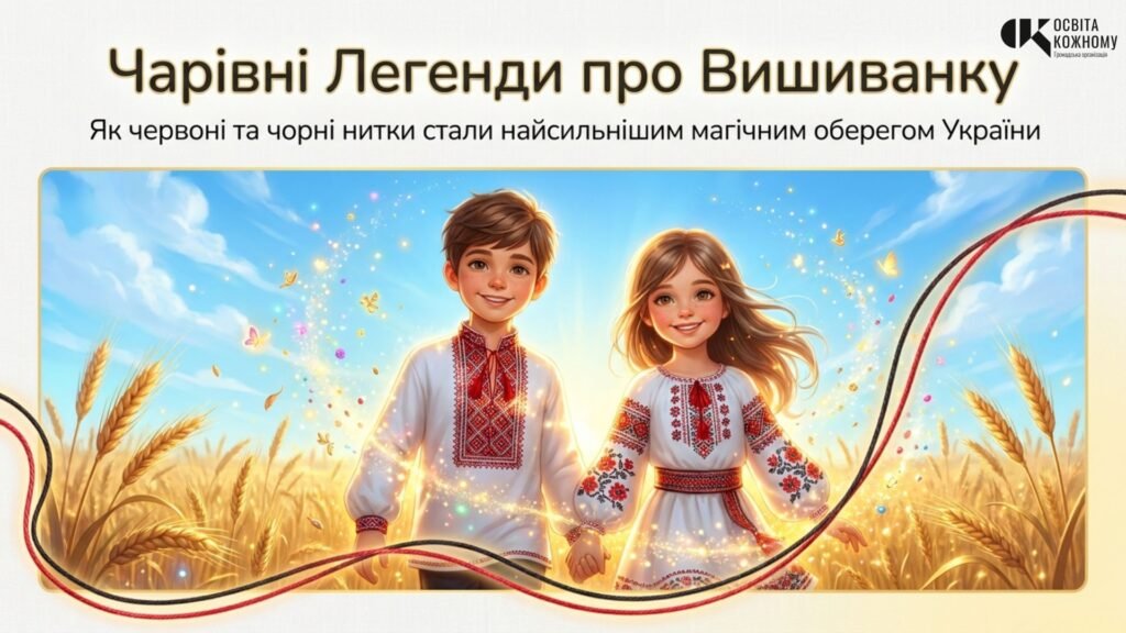 Головне зображення розробки: Ілюстрована розповідь «Чарівні Легенди про Вишиванку: Як червоні та чорні нитки стали магічним оберегом»
