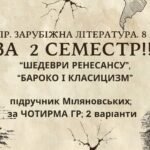 Комплексна ПР. 8 клас. Зарубіжна література. “СЕМЕСТРОВА (2 семестр)” (МНП Ніколенко); за ЧОТИРМА ГР; 2 варіанти; Підручник Міляновських