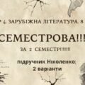 ГР 4. Підсумкова робота. 8 клас. Зарубіжна література. “СЕМЕСТРОВА (2 семестр)” (МНП Ніколенко); підручник Ніколенко; 2 варіанти