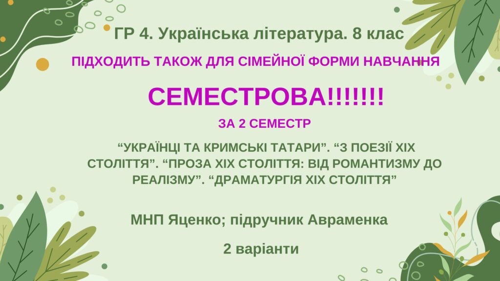Головне зображення розробки: ГР 4. СЕМЕСТРОВА (2 семестр). 8 клас. Українська література. МНП Яценко; підручник Авраменка; 2 варіанти
