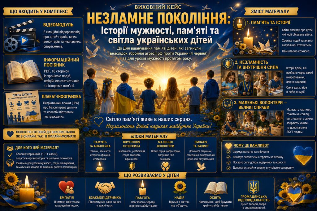Головне зображення розробки: Виховний кейс «Незламне покоління: Історії мужності, пам’яті та світла українських дітей»
