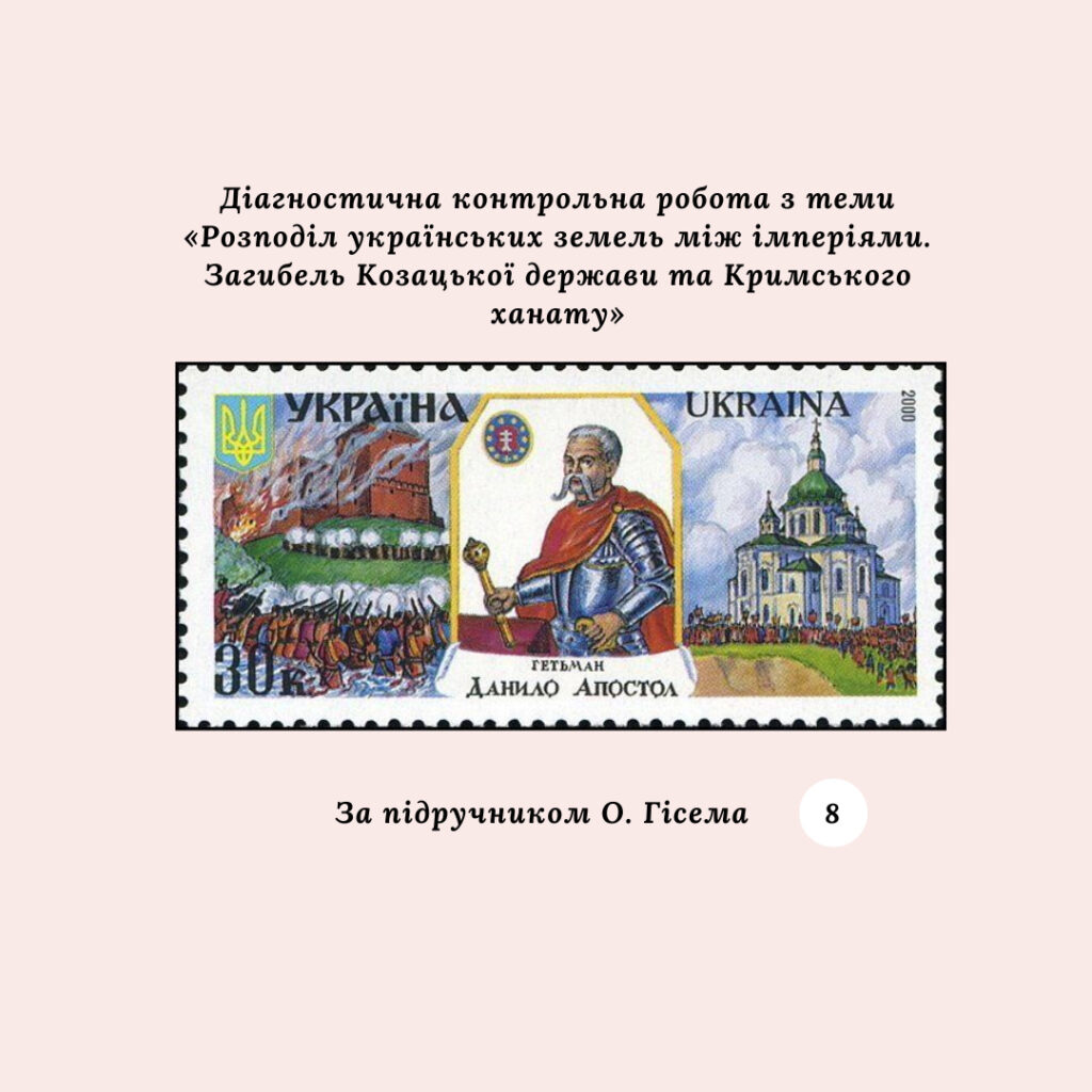 Головне зображення розробки: Діагностична контрольна робота з теми «Розподіл українських земель між імперіями. Загибель Козацької держави та Кримського ханату» (за підручником О.