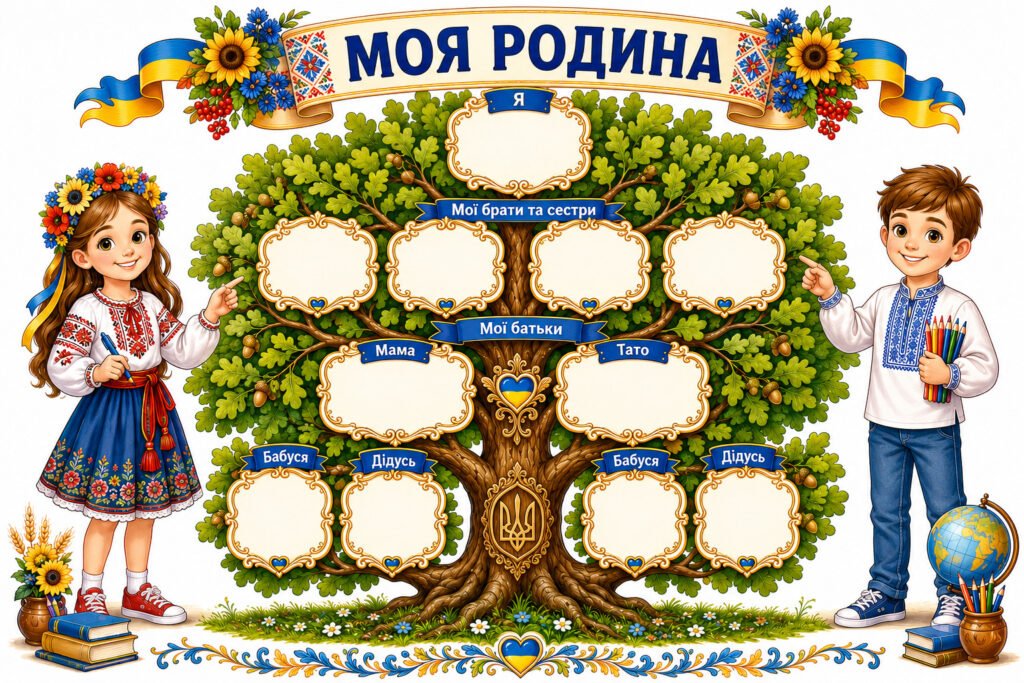 Головне зображення розробки: Яскравий шаблон родинного дерева «Моя родина» до Дня сім’ї / Дня родини (15 травня) для учнів початкової школи.