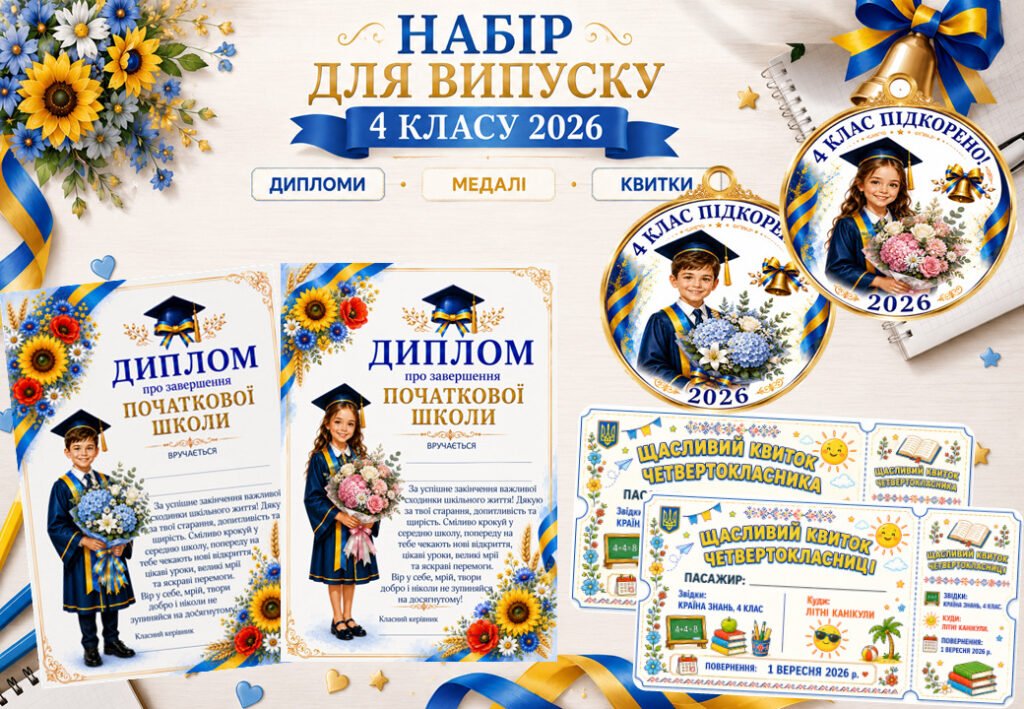Головне зображення розробки: Набір для останнього дзвоника у 4 класі 2026: дипломи, медалі та щасливі квитки.