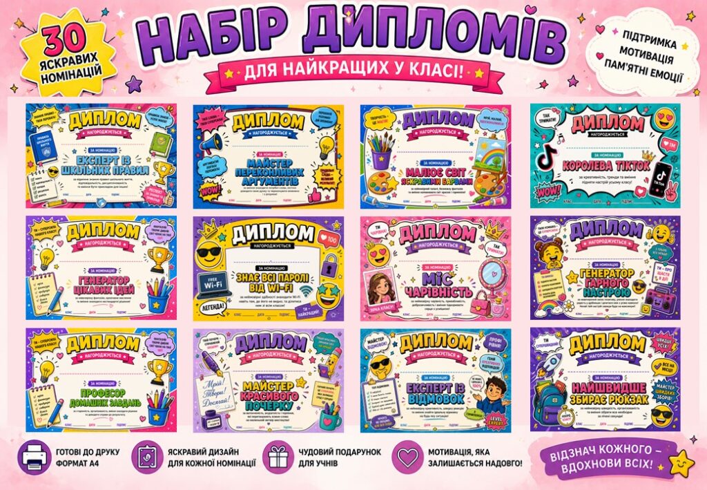 Головне зображення розробки: Набір оригінальних дипломів для учнів до останнього дзвоника