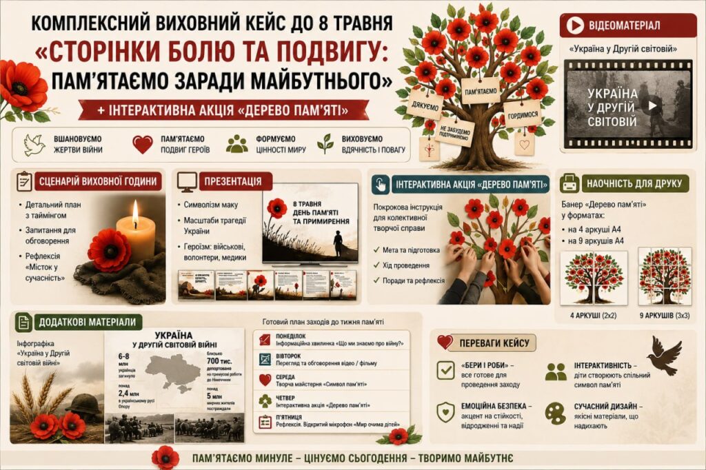 Головне зображення розробки: Комплексний виховний кейс до 8 травня: «Сторінки болю та подвигу: пам’ятаємо заради майбутнього» + Інтерактивна акція «Дерево пам’яті»