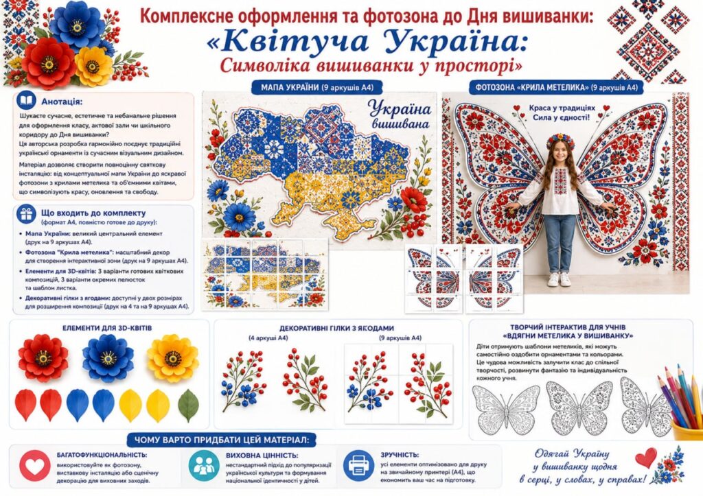 Головне зображення розробки: Комплексне оформлення та фотозона до Дня вишиванки: “Квітуча Україна: Символіка вишиванки у просторі”