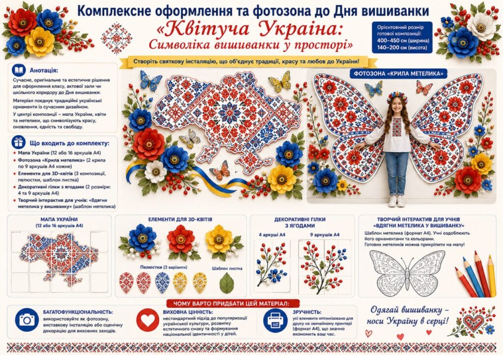 Головне зображення розробки: Комплексне оформлення та фотозона до Дня вишиванки «Квітуча Україна: Символіка вишиванки у просторі»