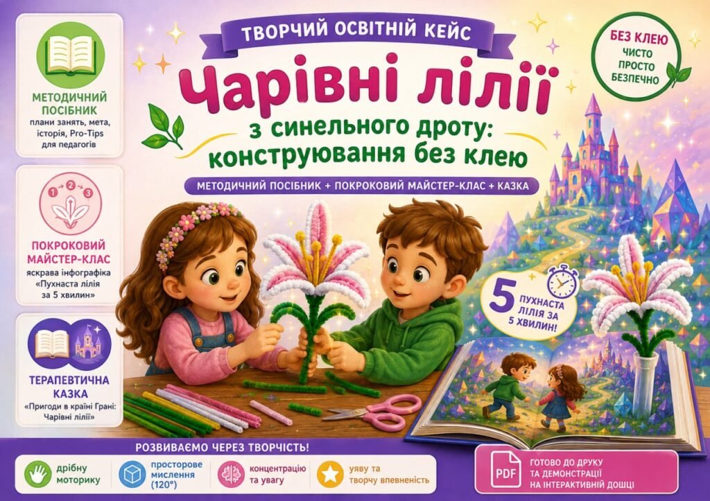 Головне зображення розробки: Творчий освітній кейс «Чарівні лілії з синельного дроту: конструювання без клею» (Методичний посібник + Покроковий майстер-клас + Казка).