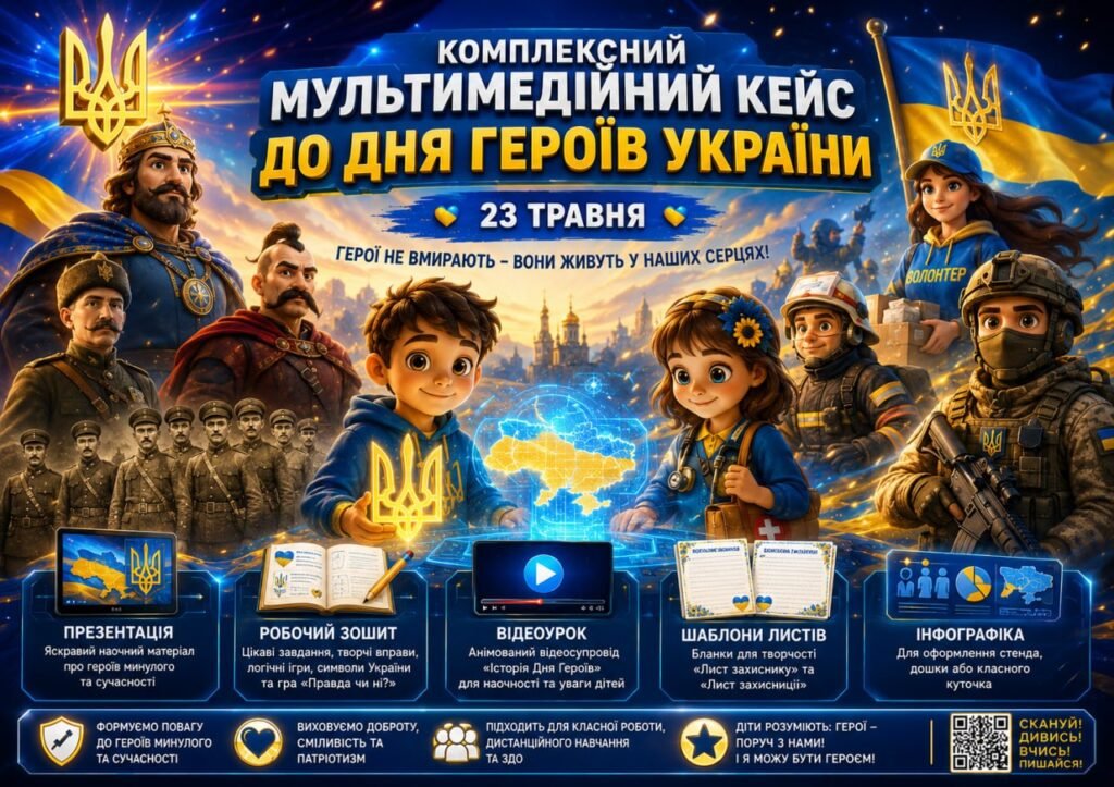 Головне зображення розробки: Комплексний мультимедійний кейс до Дня Героїв України (23 травня) для початкових класів та ЗДО: презентація, робочий зошит, відеоурок та патріотичні ш