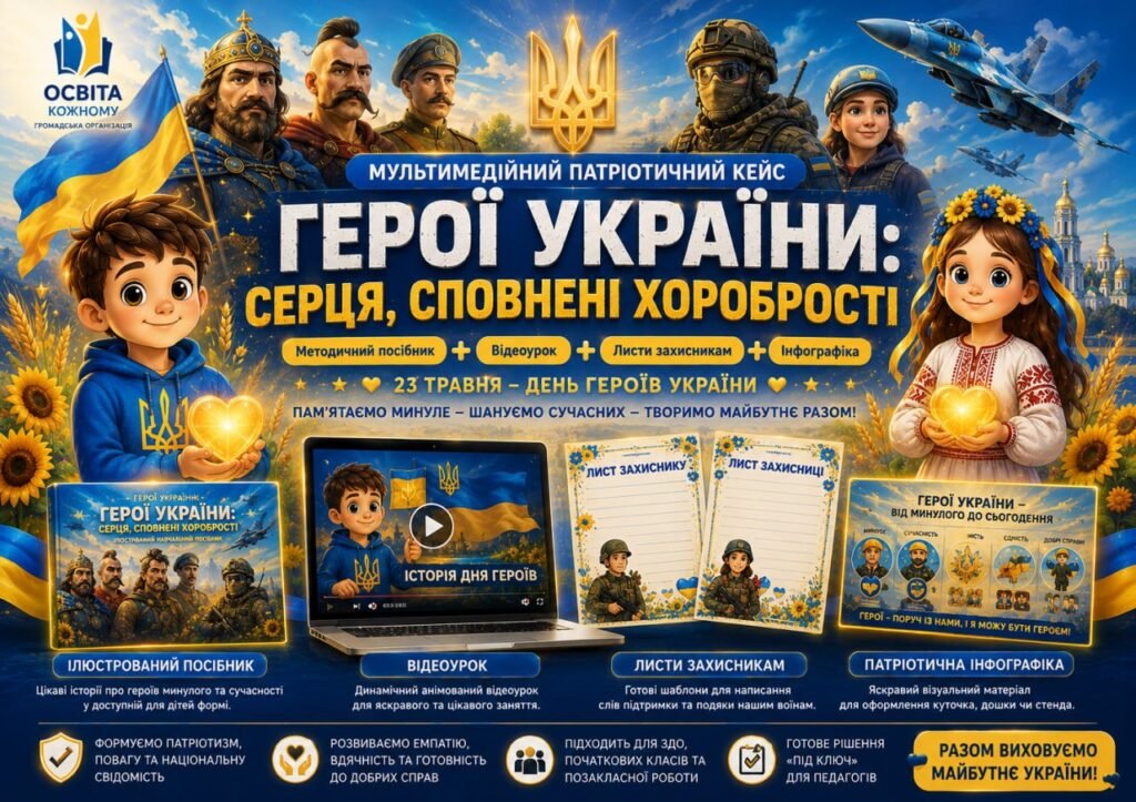 Головне зображення розробки: Мультимедійний патріотичний кейс «Герої України: серця, сповнені хоробрості» (Методичний посібник + Відеоурок + Листи захисникам + Інфографіка)