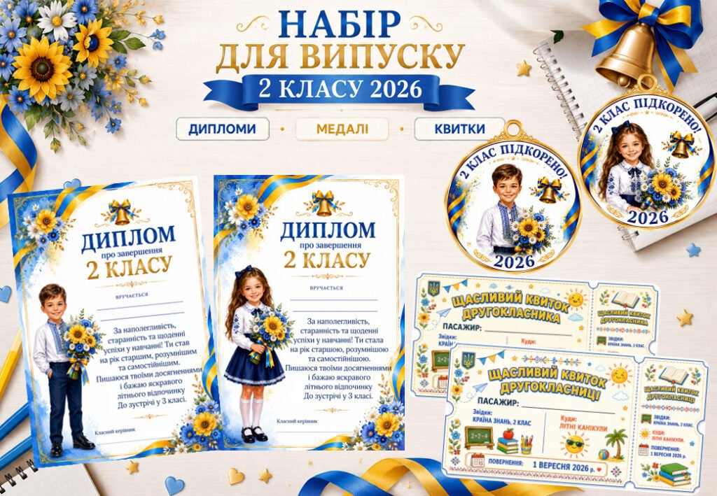 Головне зображення розробки: Набір для останнього дзвоника у 2 класі 2026: дипломи, медалі та щасливі квитки.