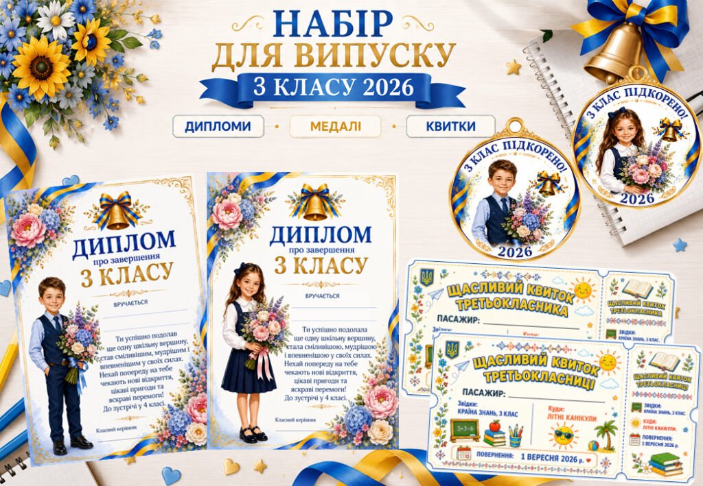 Головне зображення розробки: Набір для останнього дзвоника у 3 класі 2026: дипломи, медалі та щасливі квитки.