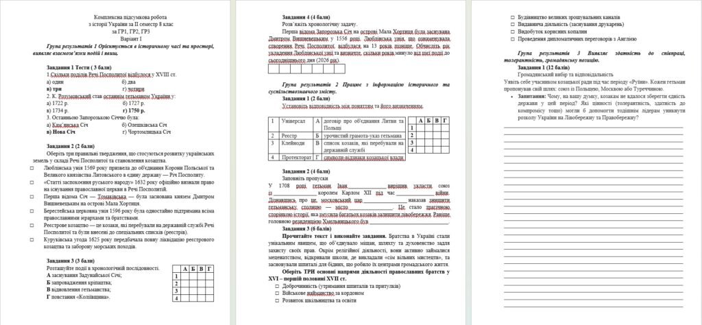 Головне зображення розробки: Комплексна підсумкова робота 8 клас з історії України ІІ семестр за ГР