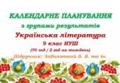 Календарне планування з ГР. Українська література. 9 клас НУШ. Заболотний В. В. та ін. (70 год / 2 год на тиждень)