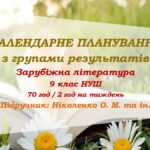 Календарне планування з ГР. Зарубіжна література. 9 клас НУШ. Ніколенко О. М. та ін. (70 год / 2 год на тиждень)