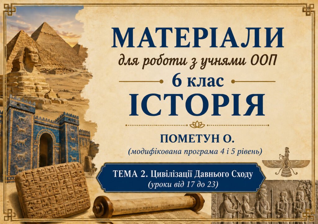 Головне зображення розробки: Матеріали для роботи з учнями ООП 6 клас історія Пометун О. (модифікована програма 4 і 5 рівень) Тема 2. Цивілізації Давнього Сходу (уроки 17-23)