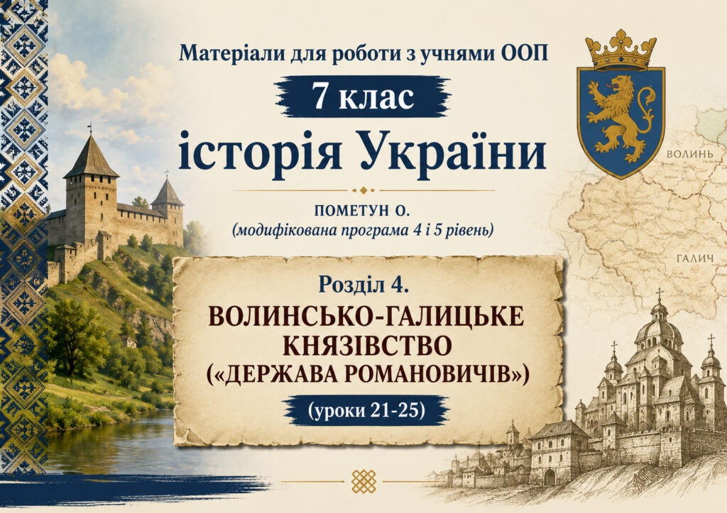 Головне зображення розробки: Матеріали для роботи з учнями ООП 7 клас історія України Пометун О. (модифікована програма 4 і 5 рівень) Розділ 4. ВОЛИНСЬКО-ГАЛИЦЬКЕ КНЯЗІВСТВО («ДЕ