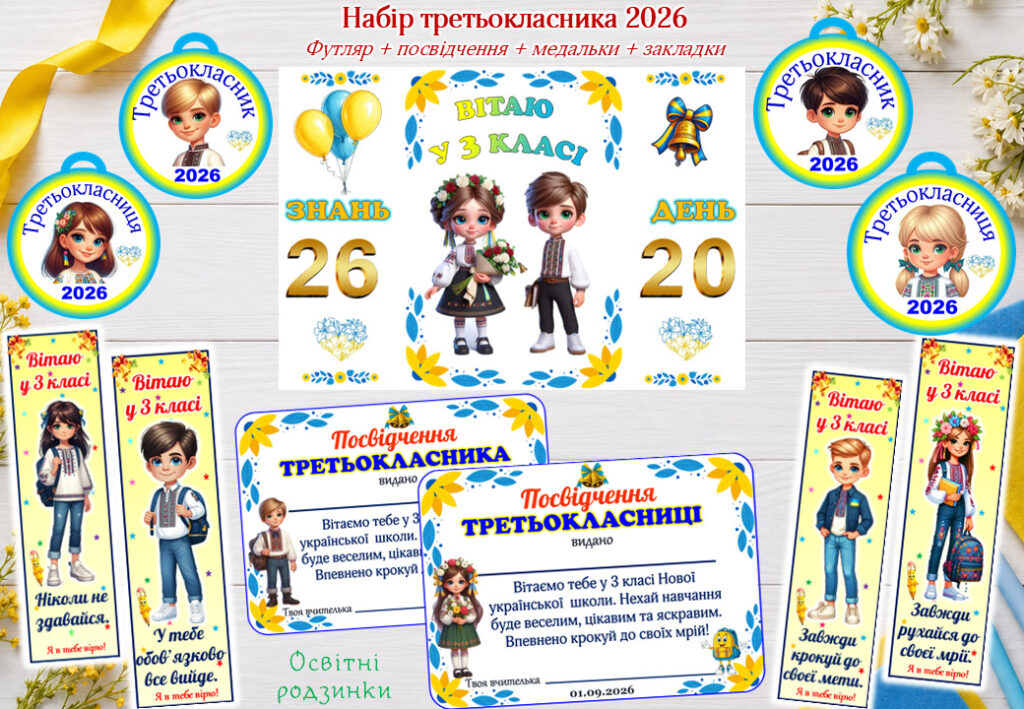 Головне зображення розробки: Набір третьокласника 2026 «Вітаю у 3 класі». Футляр + посвідчення + медалька + закладка..