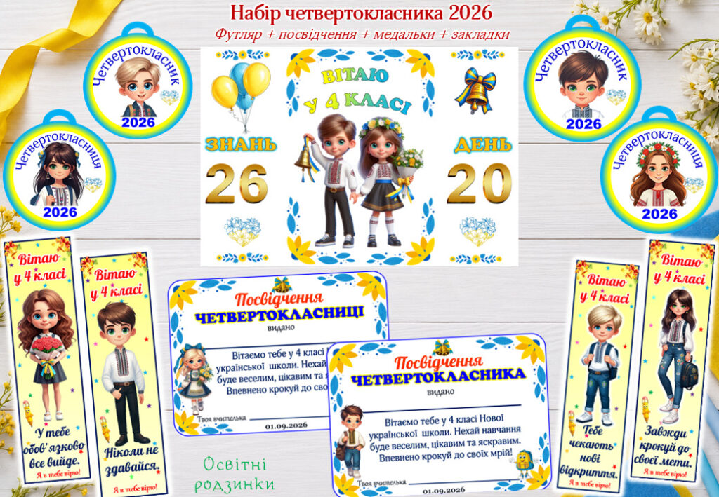 Головне зображення розробки: Набір четвертокласника 2026 «Вітаю у 4 класі». Футляр + посвідчення + медалька + закладка.